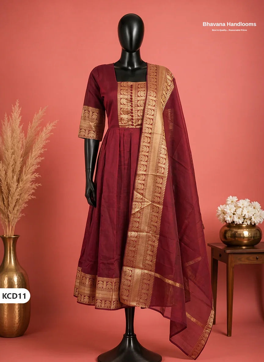 Premium Kanchi Cotton 2PC Frock Set in Crimson Maroon with Dupatta | Elegant Traditional Wear