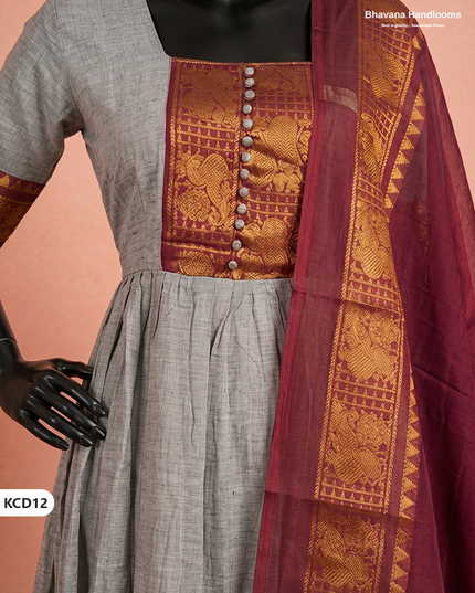 Premium Kanchi Cotton 2PC Frock Set in Dove Grey with Dupatta | Elegant Traditional Wear