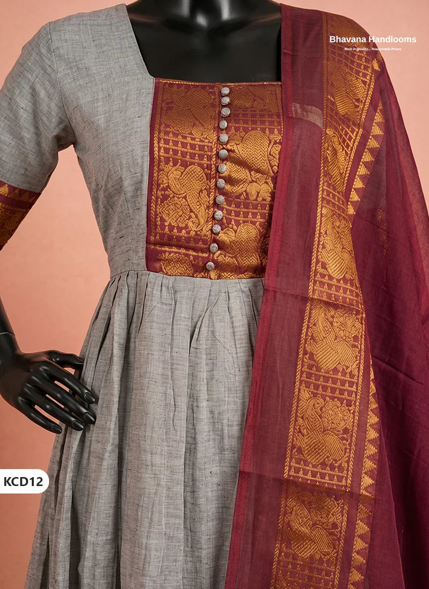 Premium Kanchi Cotton 2PC Frock Set in Dove Grey with Dupatta | Elegant Traditional Wear