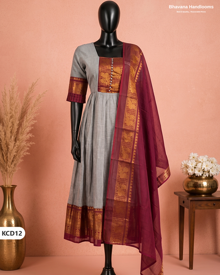 Premium Kanchi Cotton 2PC Frock Set in Dove Grey with Dupatta | Elegant Traditional Wear