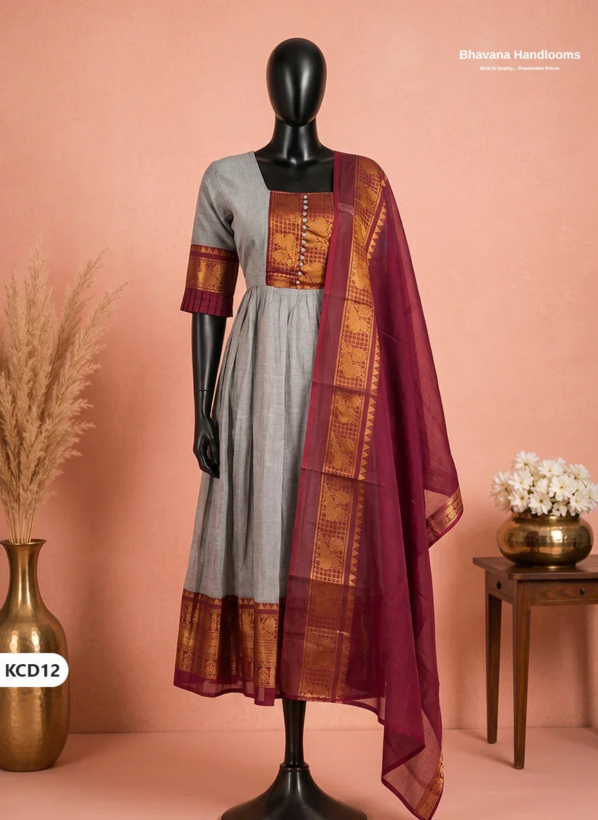 Premium Kanchi Cotton 2PC Frock Set in Dove Grey with Dupatta | Elegant Traditional Wear