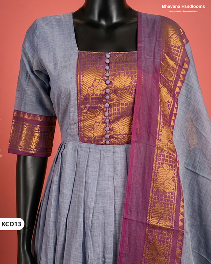 Premium Kanchi Cotton 2PC Frock Set in Muted Lavender Blue with Dupatta | Elegant Traditional Wear