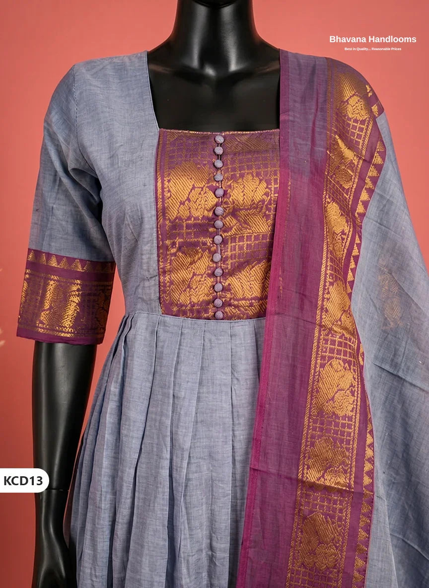 Premium Kanchi Cotton 2PC Frock Set in Muted Lavender Blue with Dupatta | Elegant Traditional Wear