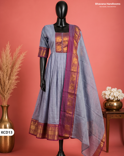 Premium Kanchi Cotton 2PC Frock Set in Muted Lavender Blue with Dupatta | Elegant Traditional Wear
