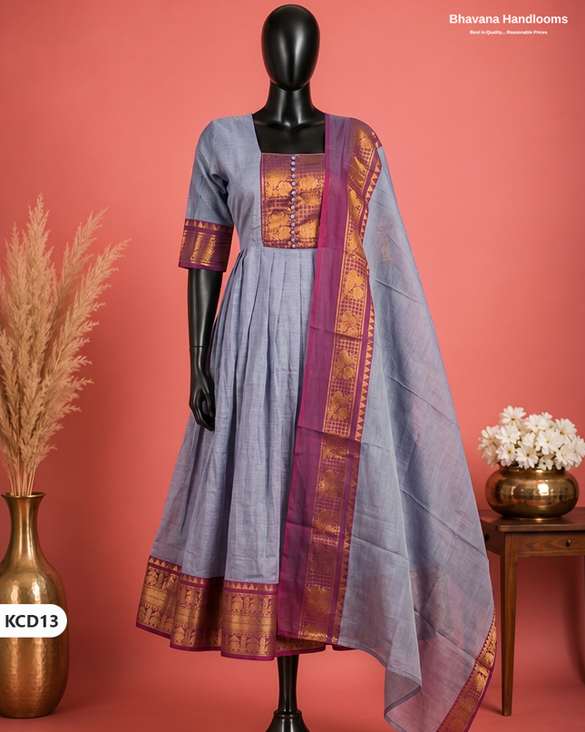 Premium Kanchi Cotton 2PC Frock Set in Muted Lavender Blue with Dupatta | Elegant Traditional Wear