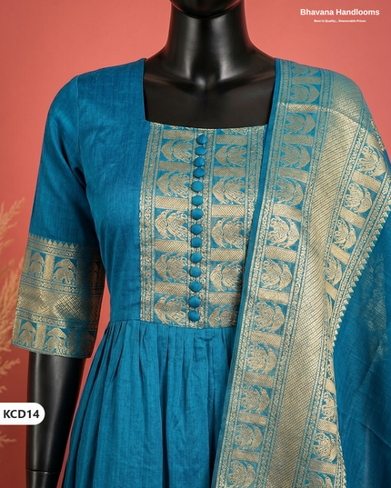 Premium Kanchi Cotton 2PC Frock Set in Peacock Blue with Dupatta | Elegant Traditional Wear