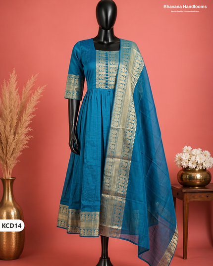 Premium Kanchi Cotton 2PC Frock Set in Peacock Blue with Dupatta | Elegant Traditional Wear