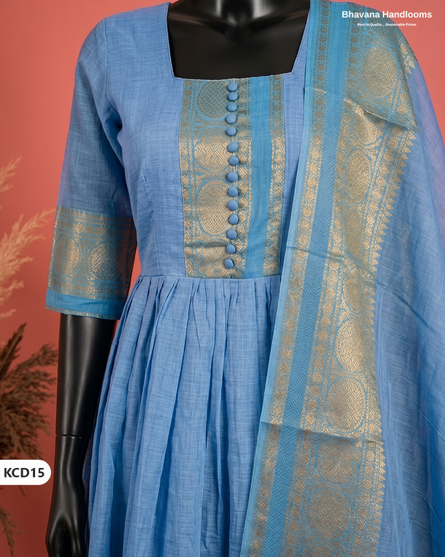 Premium Kanchi Cotton 2PC Frock Set in Sky Blue with Dupatta | Elegant Traditional Wear