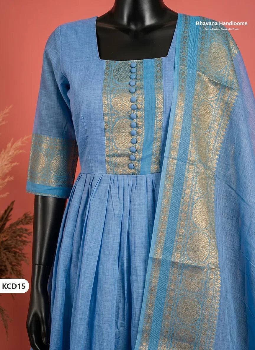 Premium Kanchi Cotton 2PC Frock Set in Sky Blue with Dupatta | Elegant Traditional Wear