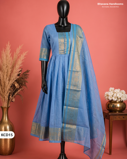 Premium Kanchi Cotton 2PC Frock Set in Sky Blue with Dupatta | Elegant Traditional Wear
