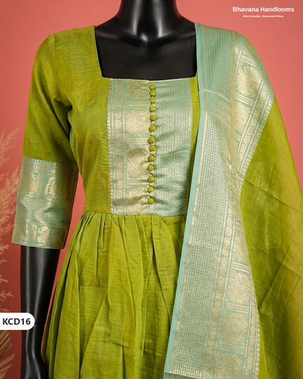 Premium Kanchi Cotton 2PC Frock Set in Olive Chartreuse with Dupatta | Elegant Traditional Wear