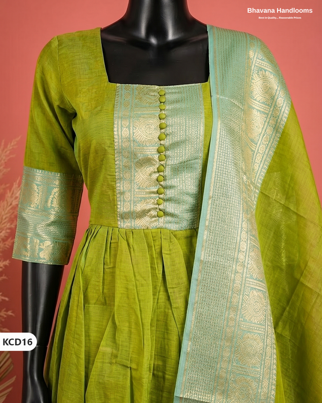 Premium Kanchi Cotton 2PC Frock Set in Olive Chartreuse with Dupatta | Elegant Traditional Wear