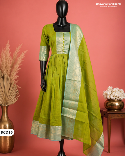Premium Kanchi Cotton 2PC Frock Set in Olive Chartreuse with Dupatta | Elegant Traditional Wear