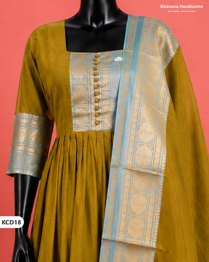 Premium Kanchi Cotton 2PC Frock Set in Olive Gold with Dupatta | Elegant Traditional Wear