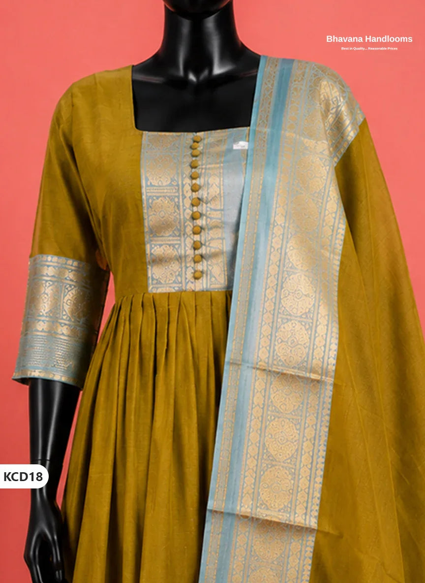 Premium Kanchi Cotton 2PC Frock Set in Olive Gold with Dupatta | Elegant Traditional Wear