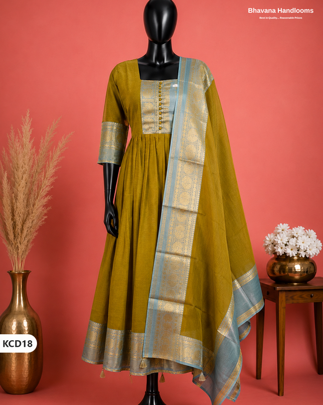 Premium Kanchi Cotton 2PC Frock Set in Olive Gold with Dupatta | Elegant Traditional Wear