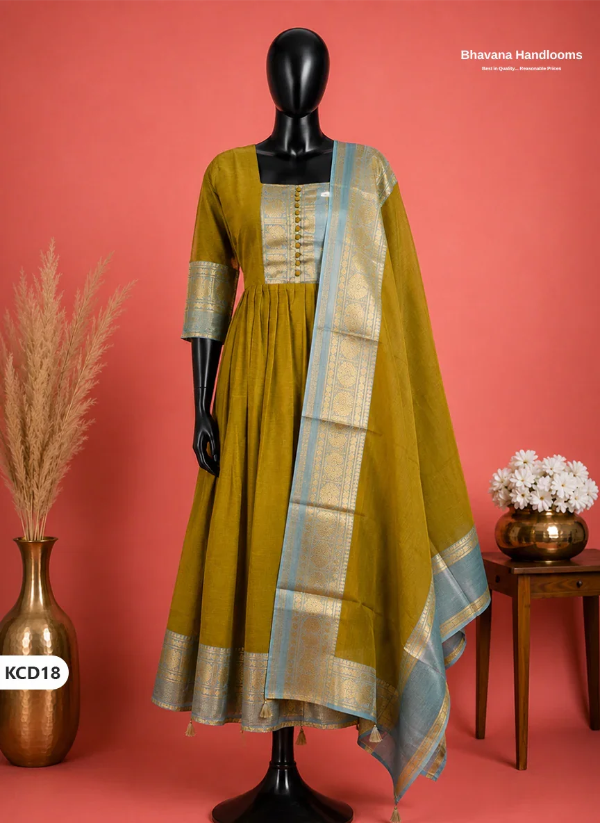 Premium Kanchi Cotton 2PC Frock Set in Olive Gold with Dupatta | Elegant Traditional Wear