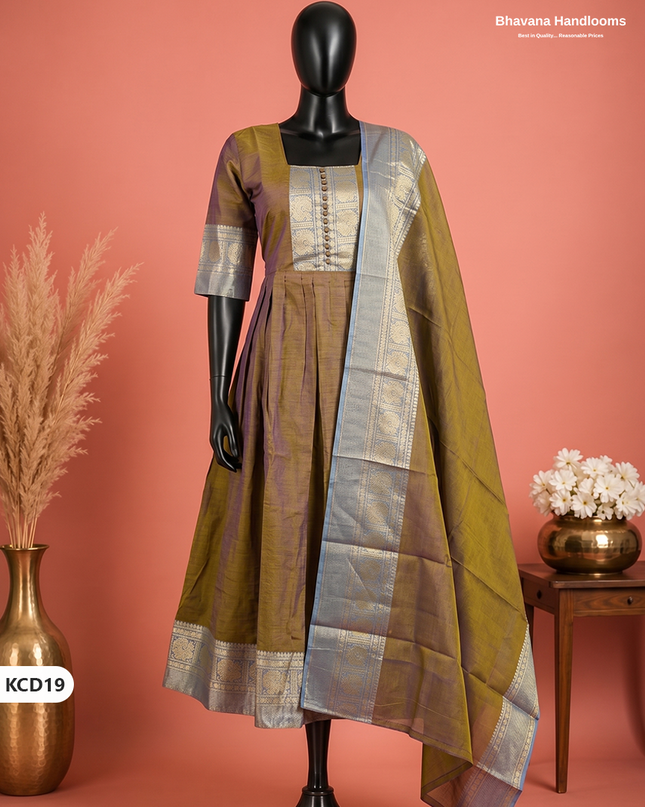 Premium Kanchi Cotton 2PC Frock Set in Classic Drak Mustard Brown with Dupatta | Elegant Traditional Wear