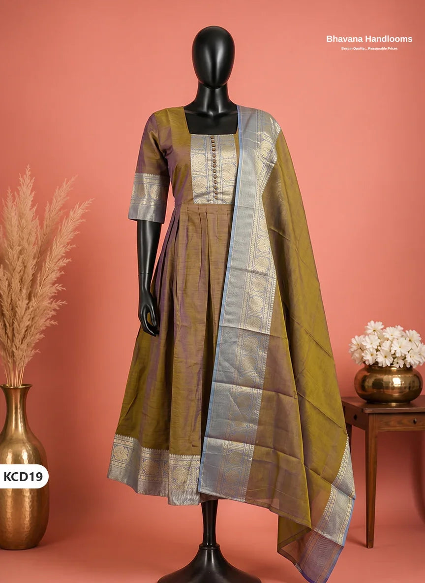 Premium Kanchi Cotton 2PC Frock Set in Classic Drak Mustard Brown with Dupatta | Elegant Traditional Wear