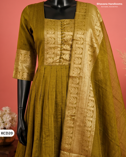 Premium Kanchi Cotton 2PC Frock Set in Mustard Colour with Dupatta | Elegant Traditional Wear