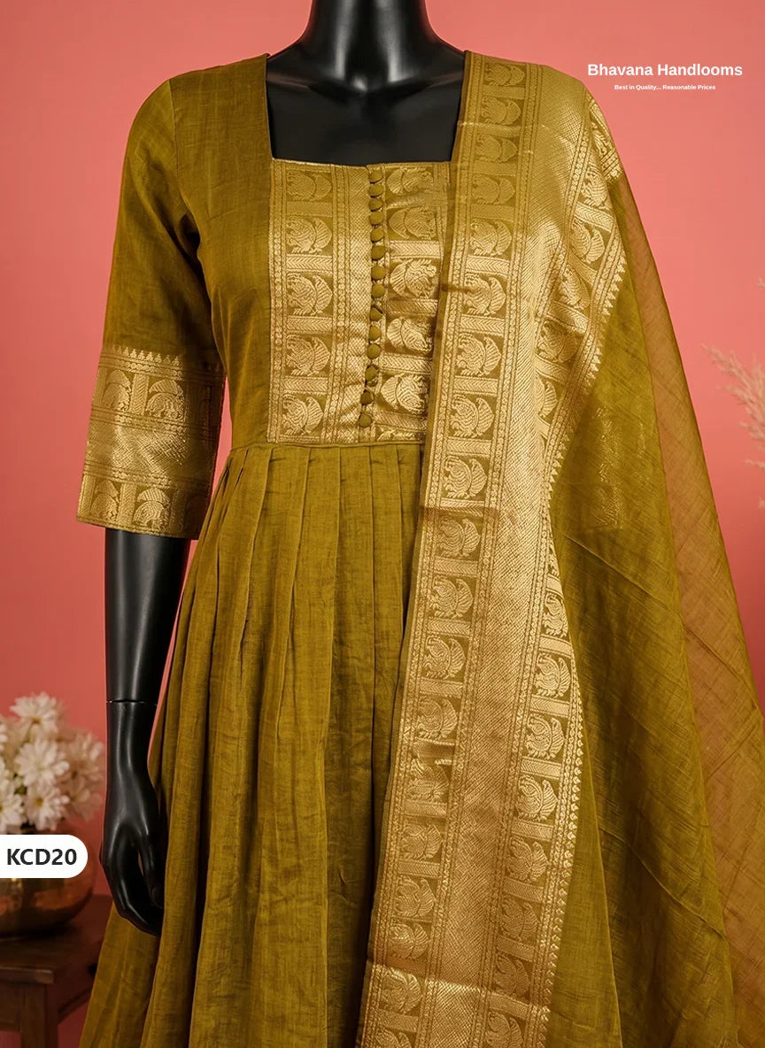 Premium Kanchi Cotton 2PC Frock Set in Mustard Colour with Dupatta | Elegant Traditional Wear