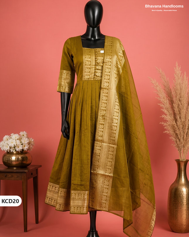 Premium Kanchi Cotton 2PC Frock Set in Mustard Colour with Dupatta | Elegant Traditional Wear