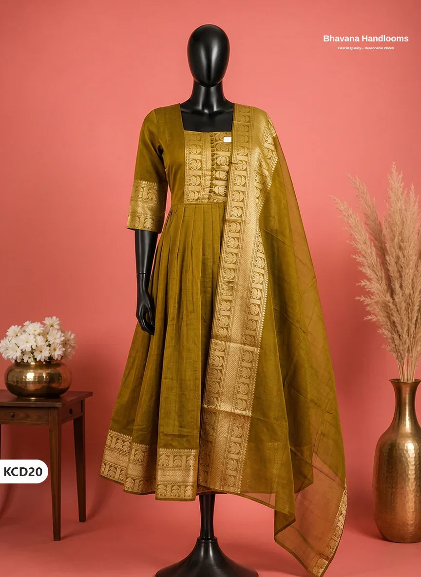 Premium Kanchi Cotton 2PC Frock Set in Mustard Colour with Dupatta | Elegant Traditional Wear