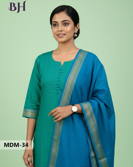 Mangalagiri Cotton 3PC Set – Sea Green | Full-Length Lining | Handloom Ethnic Wear