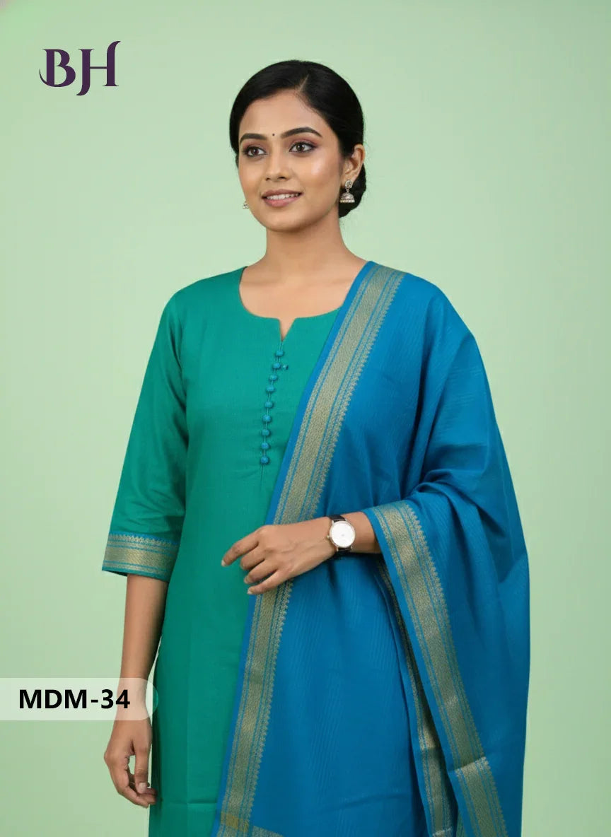 Mangalagiri Cotton 3PC Set – Sea Green | Full-Length Lining | Handloom Ethnic Wear