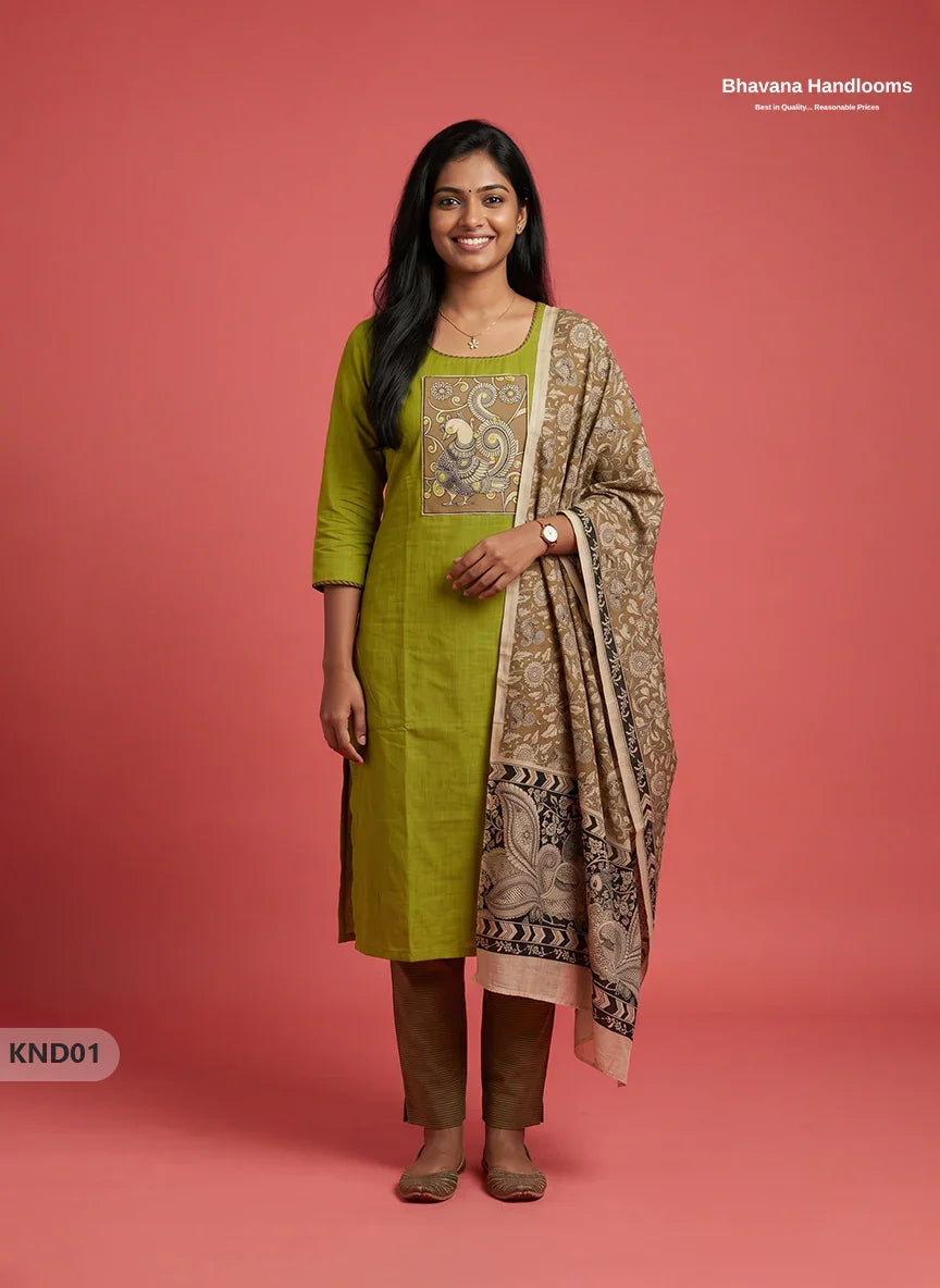 Kalamkari Patch Work 3PC Kurti Set in Olive Green with Kalamkari Dupatta | Full Length Lining | Ready-to-Wear Ethnic Wear