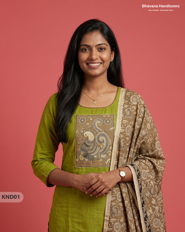 Kalamkari Patch Work 3PC Kurti Set in Olive Green with Kalamkari Dupatta | Full Length Lining | Ready-to-Wear Ethnic Wear