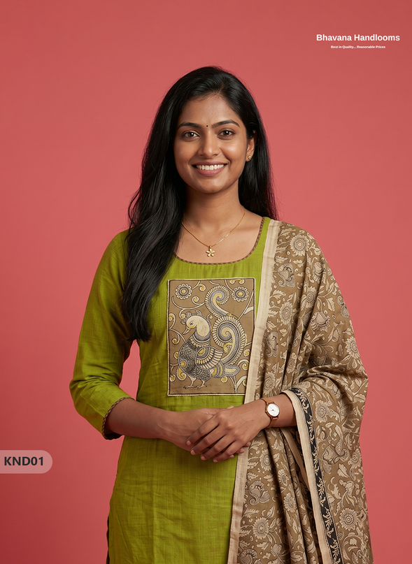 Kalamkari Patch Work 3PC Kurti Set in Olive Green with Kalamkari Dupatta | Full Length Lining | Ready-to-Wear Ethnic Wear