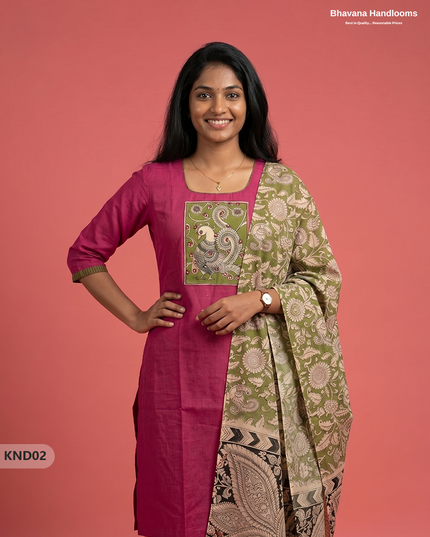 Kalamkari Patch Work 3PC Kurti Set in Rani Pink with Kalamkari Dupatta | Full Length Lining | Ready-to-Wear Ethnic Wear