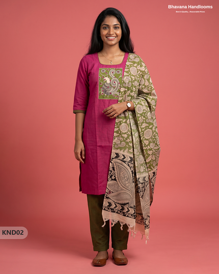 Kalamkari Patch Work 3PC Kurti Set in Rani Pink with Kalamkari Dupatta | Full Length Lining | Ready-to-Wear Ethnic Wear