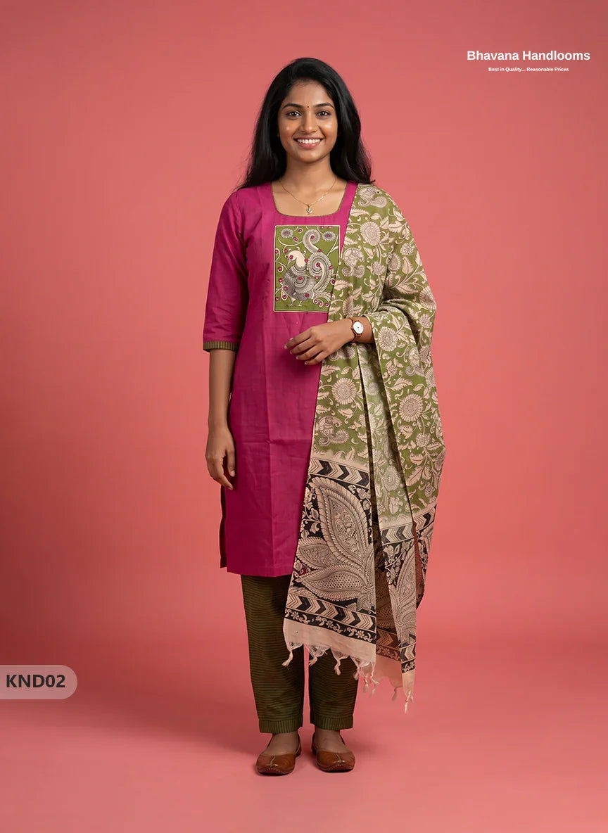 Kalamkari Patch Work 3PC Kurti Set in Rani Pink with Kalamkari Dupatta | Full Length Lining | Ready-to-Wear Ethnic Wear