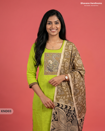 Kalamkari Patch Work 3PC Kurti Set in Light Chartreuse with Kalamkari Dupatta | Full Length Lining | Ready-to-Wear Ethnic Wear