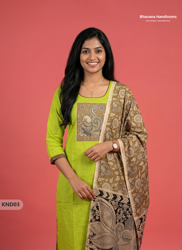 Kalamkari Patch Work 3PC Kurti Set in Light Chartreuse with Kalamkari Dupatta | Full Length Lining | Ready-to-Wear Ethnic Wear