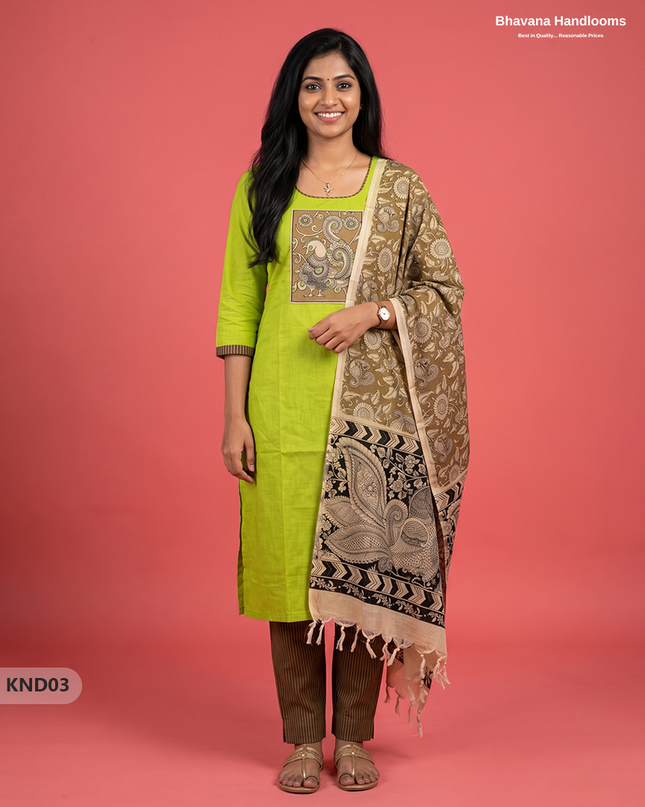 Kalamkari Patch Work 3PC Kurti Set in Light Chartreuse with Kalamkari Dupatta | Full Length Lining | Ready-to-Wear Ethnic Wear