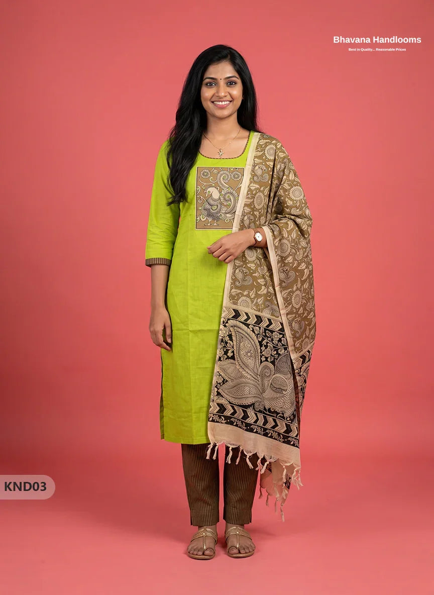 Kalamkari Patch Work 3PC Kurti Set in Light Chartreuse with Kalamkari Dupatta | Full Length Lining | Ready-to-Wear Ethnic Wear