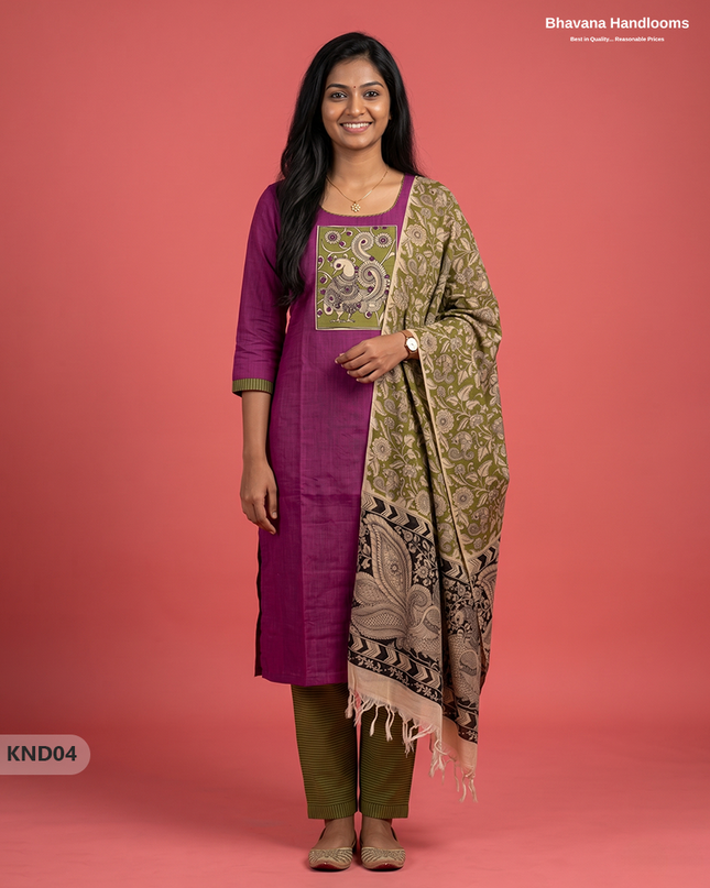 Kalamkari Patch Work 3PC Kurti Set in Pantone Deep Orchid with Kalamkari Dupatta | Full Length Lining | Ready-to-Wear Ethnic Wear