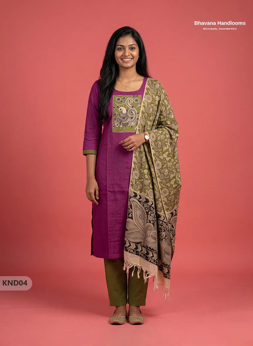 Kalamkari Patch Work 3PC Kurti Set in Pantone Deep Orchid with Kalamkari Dupatta | Full Length Lining | Ready-to-Wear Ethnic Wear