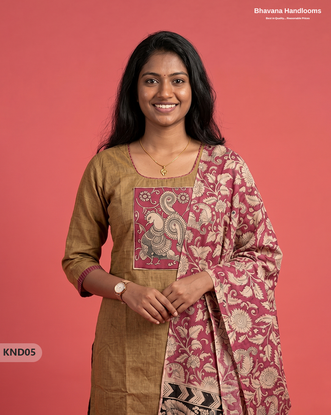 Kalamkari Patch Work 3PC Kurti Set in Light Olive Brown with Kalamkari Dupatta | Full Length Lining | Ready-to-Wear Ethnic Wear