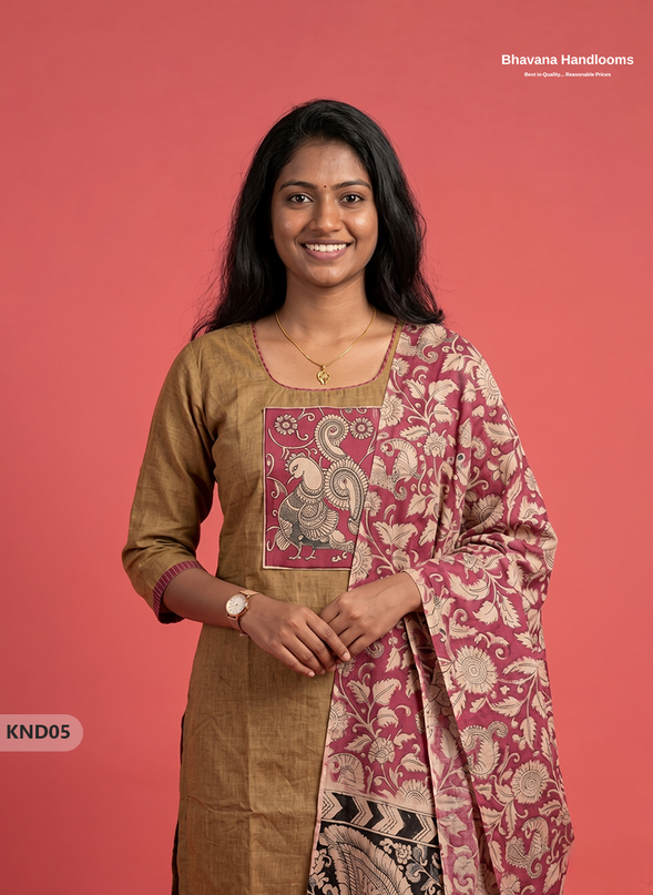 Kalamkari Patch Work 3PC Kurti Set in Light Olive Brown with Kalamkari Dupatta | Full Length Lining | Ready-to-Wear Ethnic Wear