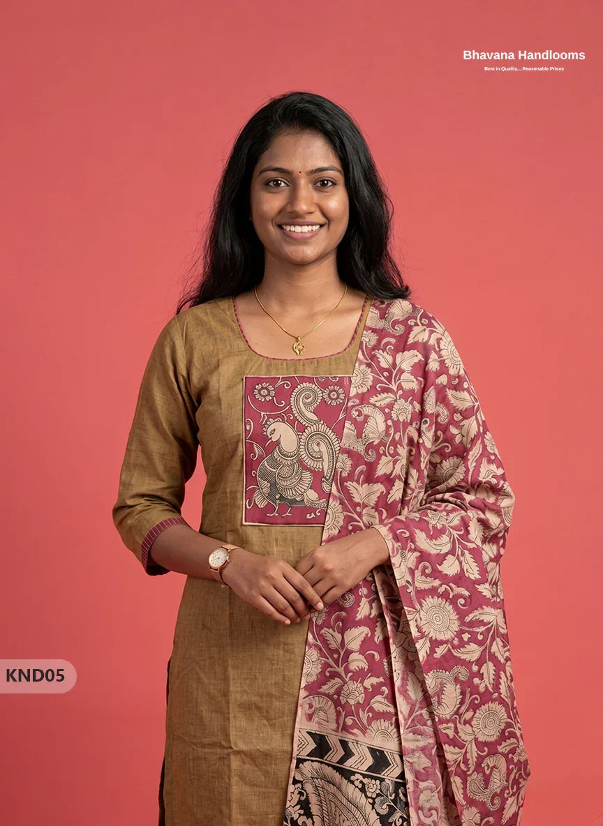 Kalamkari Patch Work 3PC Kurti Set in Light Olive Brown with Kalamkari Dupatta | Full Length Lining | Ready-to-Wear Ethnic Wear