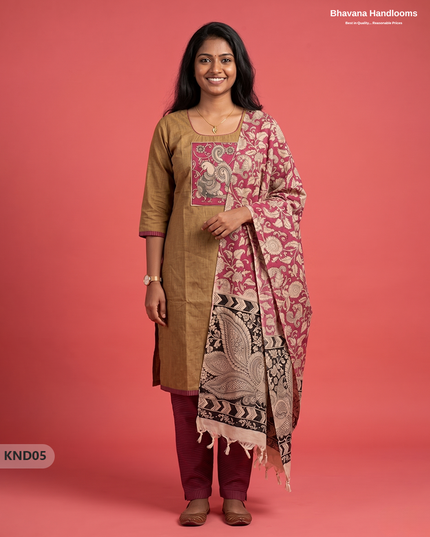 Kalamkari Patch Work 3PC Kurti Set in Light Olive Brown with Kalamkari Dupatta | Full Length Lining | Ready-to-Wear Ethnic Wear
