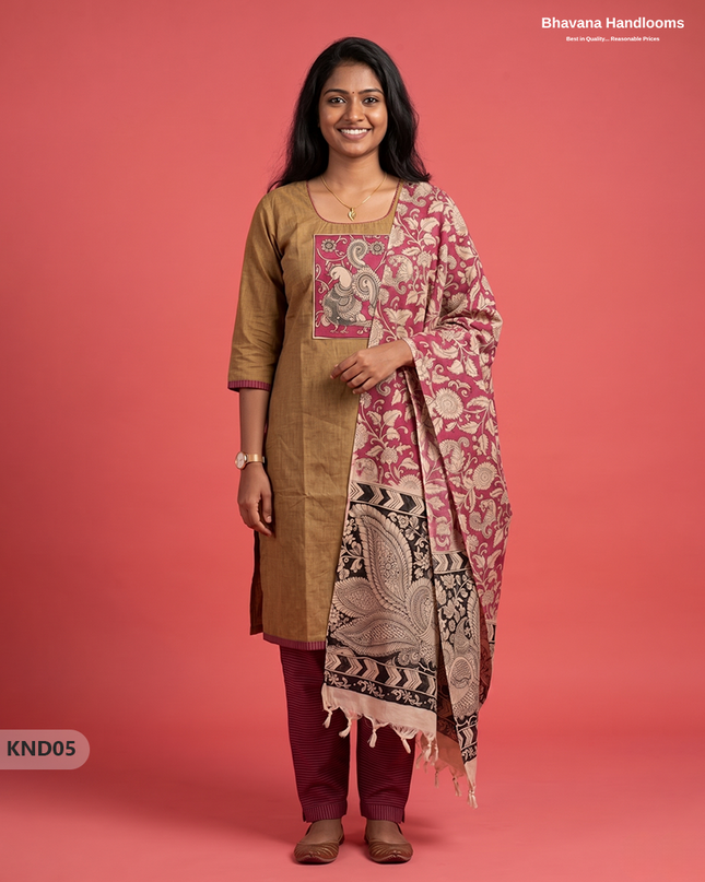 Kalamkari Patch Work 3PC Kurti Set in Light Olive Brown with Kalamkari Dupatta | Full Length Lining | Ready-to-Wear Ethnic Wear