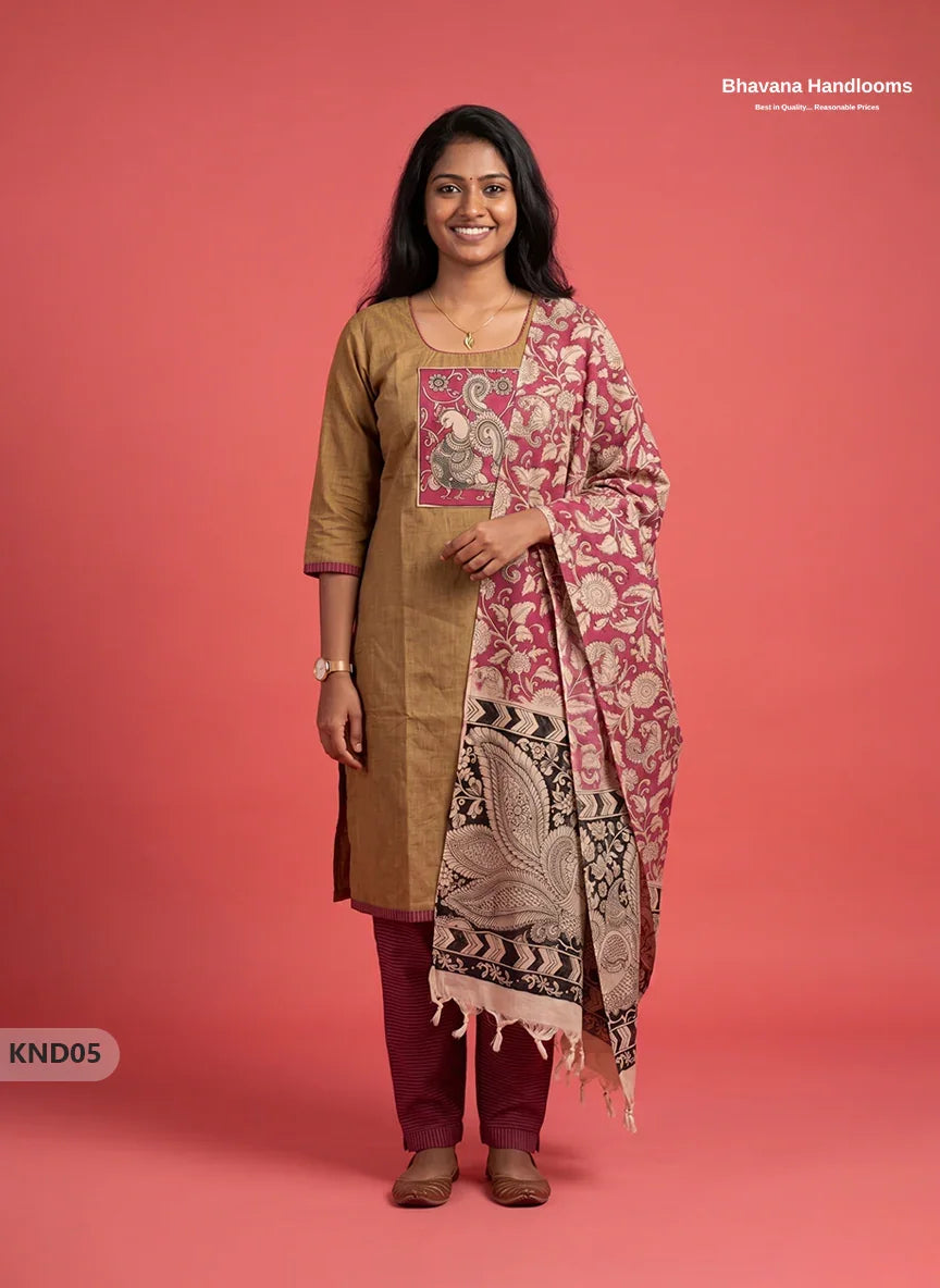 Kalamkari Patch Work 3PC Kurti Set in Light Olive Brown with Kalamkari Dupatta | Full Length Lining | Ready-to-Wear Ethnic Wear