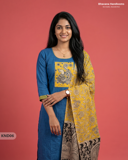 Kalamkari Patch Work 3PC Kurti Set in Peacock Blue with Kalamkari Dupatta | Full Length Lining | Ready-to-Wear Ethnic Wear