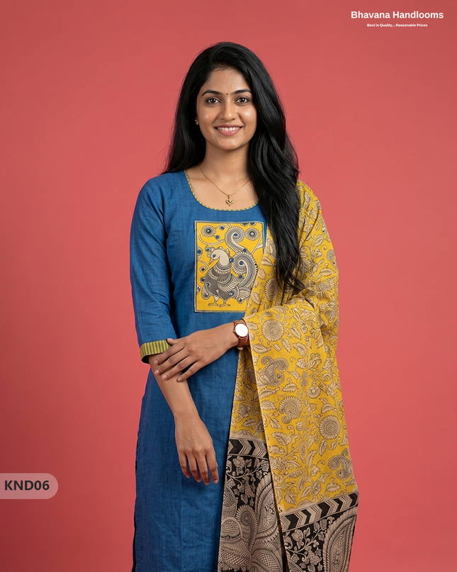 Kalamkari Patch Work 3PC Kurti Set in Peacock Blue with Kalamkari Dupatta | Full Length Lining | Ready-to-Wear Ethnic Wear