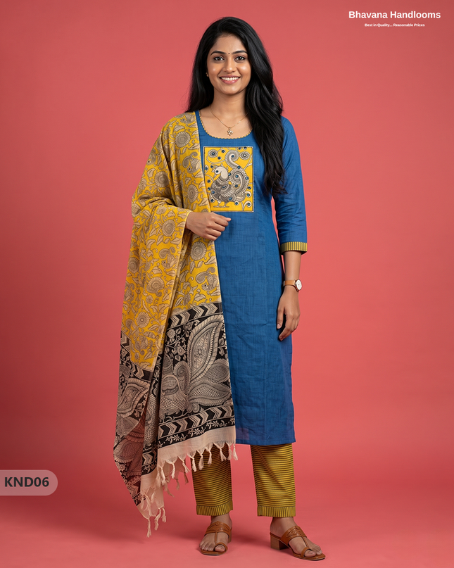 Kalamkari Patch Work 3PC Kurti Set in Peacock Blue with Kalamkari Dupatta | Full Length Lining | Ready-to-Wear Ethnic Wear